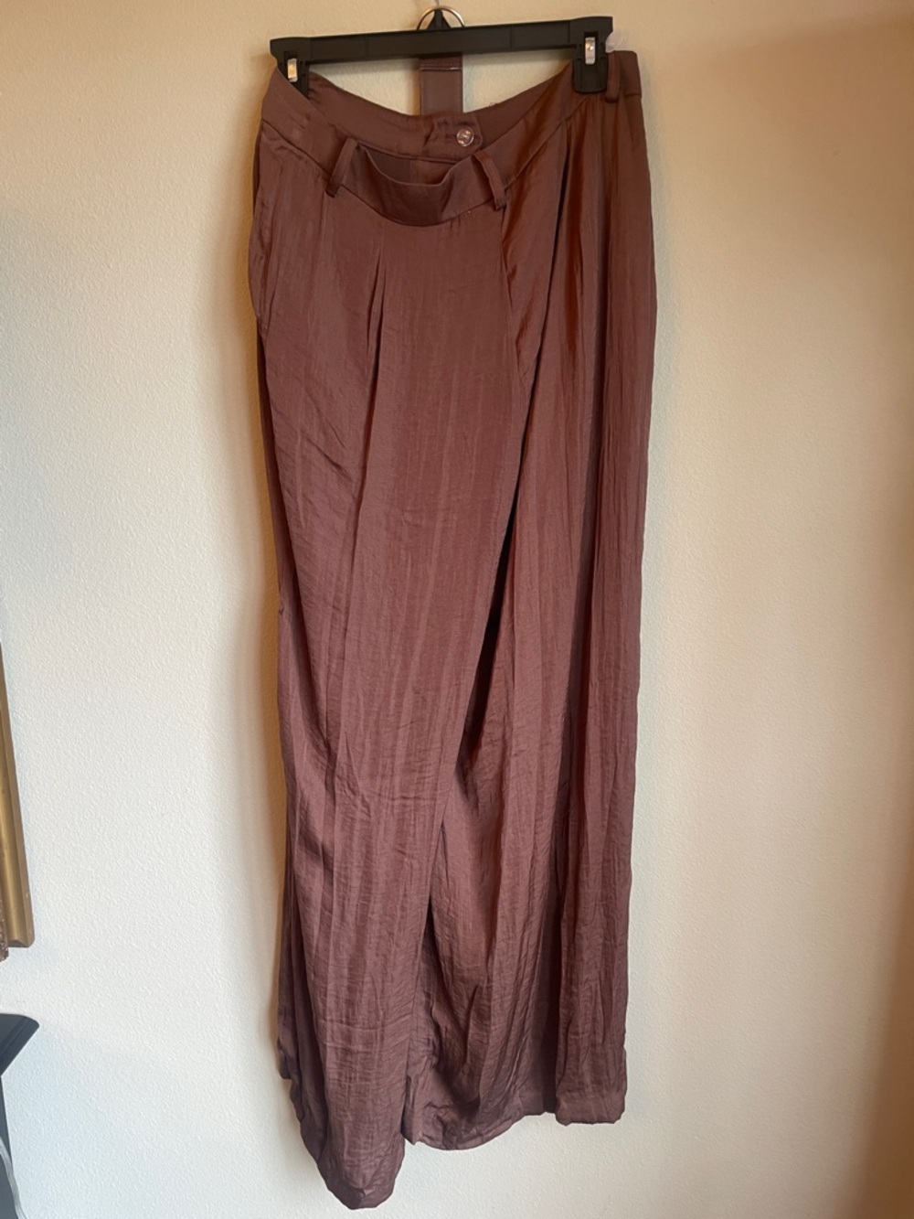 Wide Leg Belted Satin Trousers in coco brown size large fits medium - Picture 3 of 4